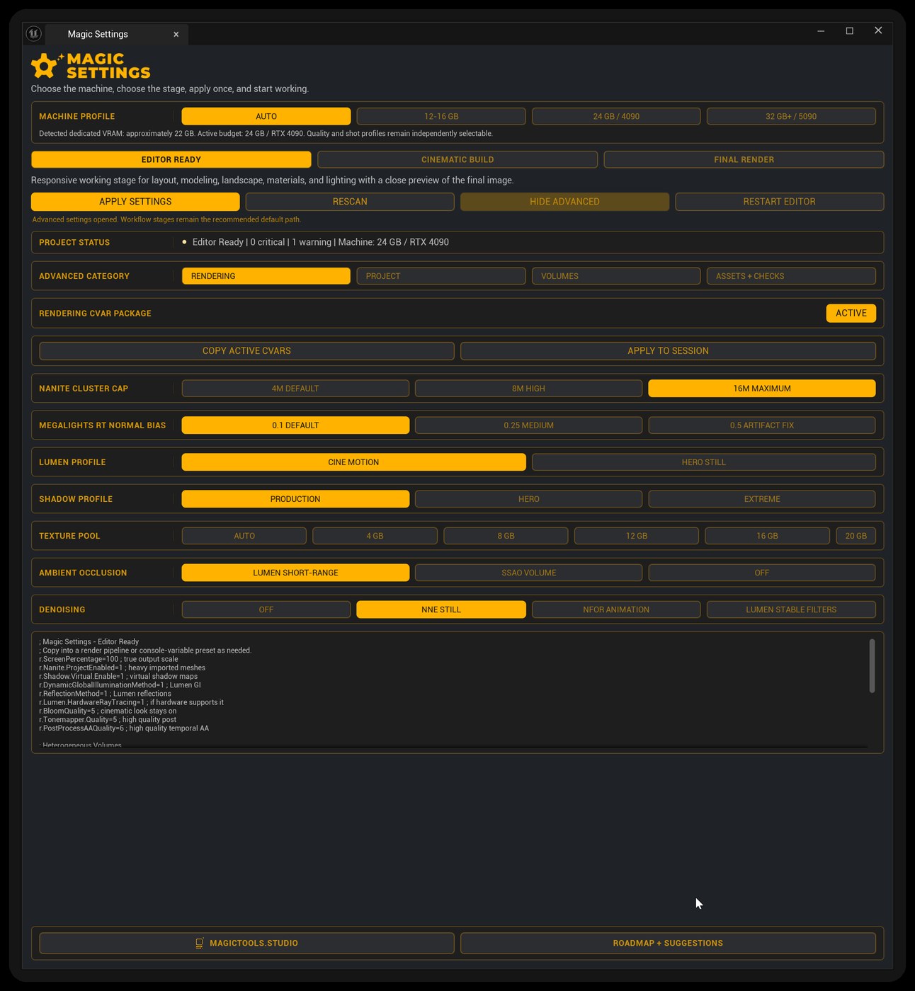 The Magic Settings panel inside the Unreal Editor